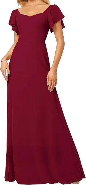 Women's Bridesmaid Dresses V Neck Short Sleeve for Wedding Ruffled Long Chiffon Evening Formal Party Gowns