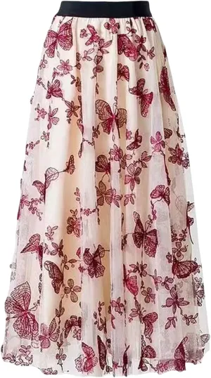 Women's Butterfly Double-Layer mesh midi Skirt Sheer Skirt Elastic high Waisted A-line midi Skirt