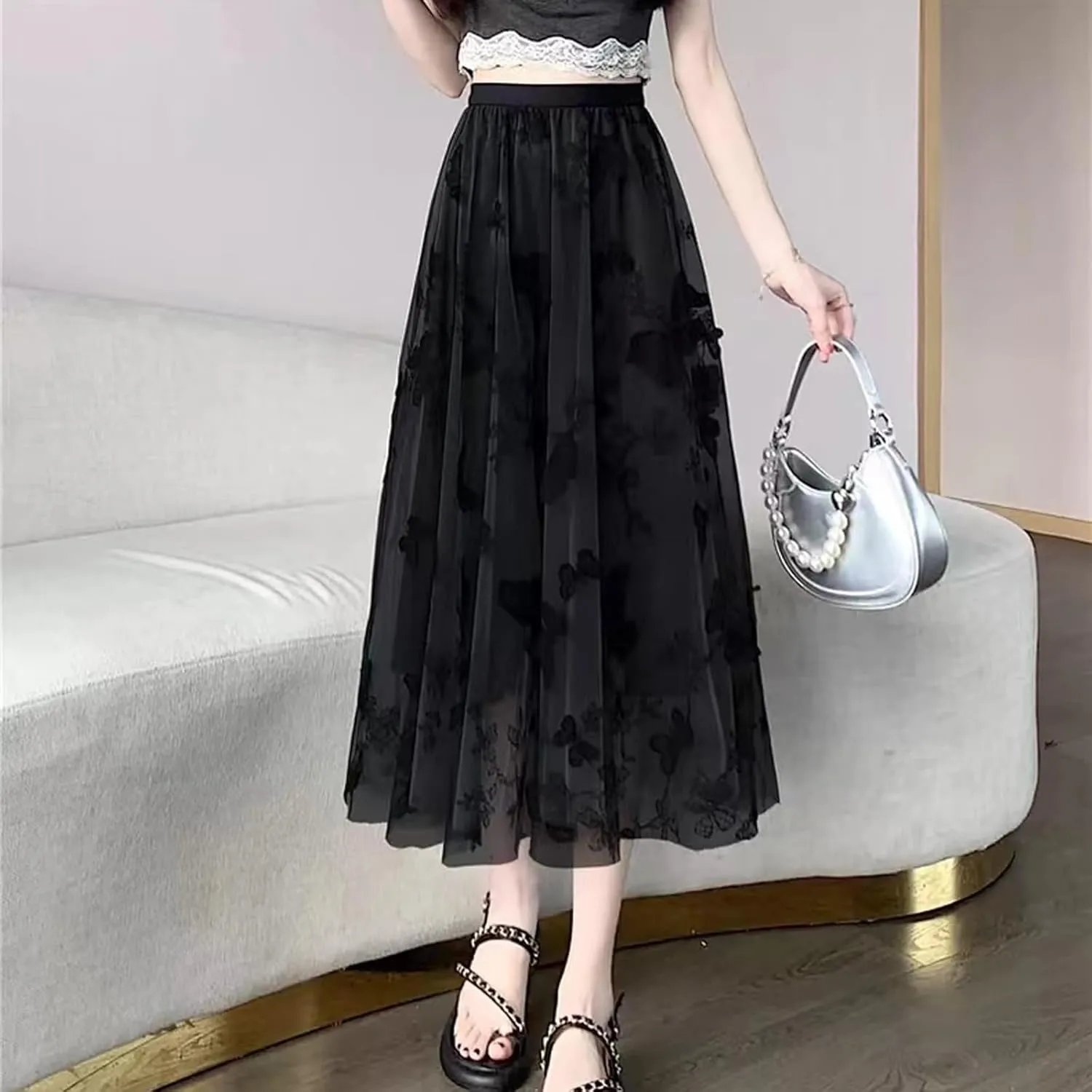 Women's Butterfly Double-Layer mesh midi Skirt Sheer Skirt Elastic high Waisted A-line midi Skirt
