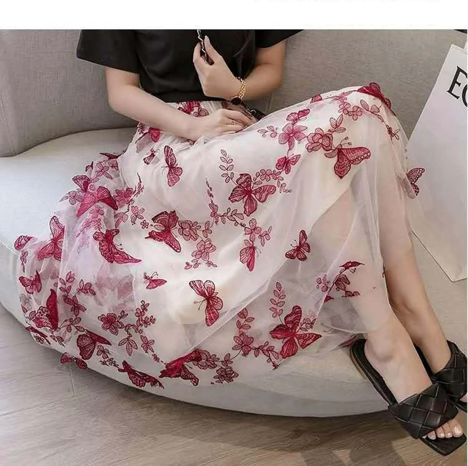 Women's Butterfly Double-Layer mesh midi Skirt Sheer Skirt Elastic high Waisted A-line midi Skirt