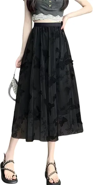 Women's Butterfly Double-Layer mesh midi Skirt Sheer Skirt Elastic high Waisted A-line midi Skirt