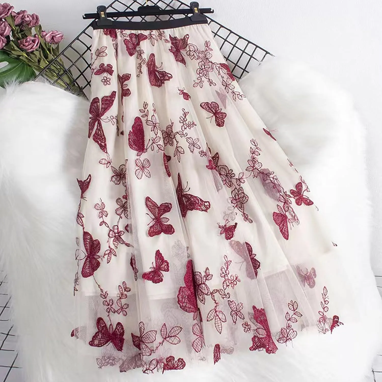 Women's Butterfly Double-Layer mesh midi Skirt Sheer Skirt Elastic high Waisted A-line midi Skirt