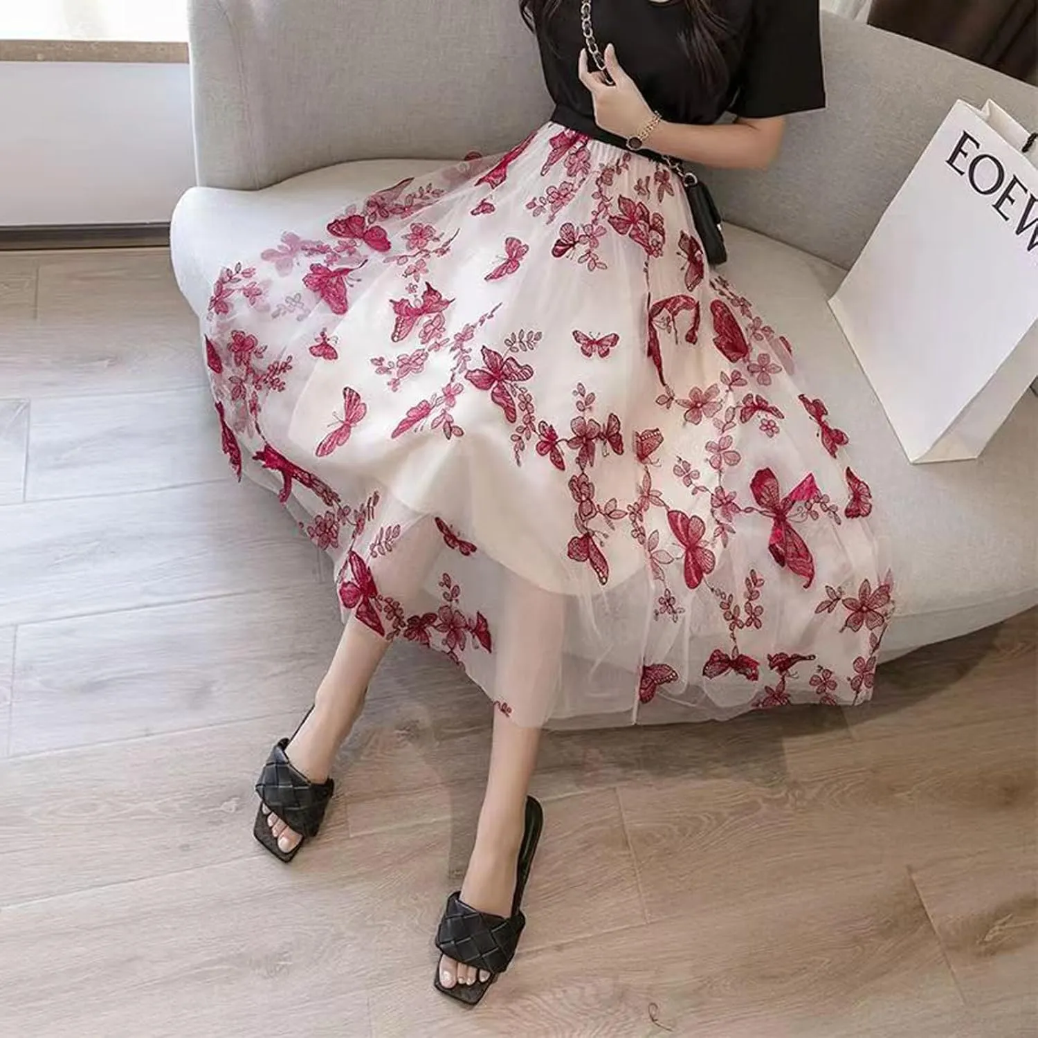 Women's Butterfly Double-Layer mesh midi Skirt Sheer Skirt Elastic high Waisted A-line midi Skirt