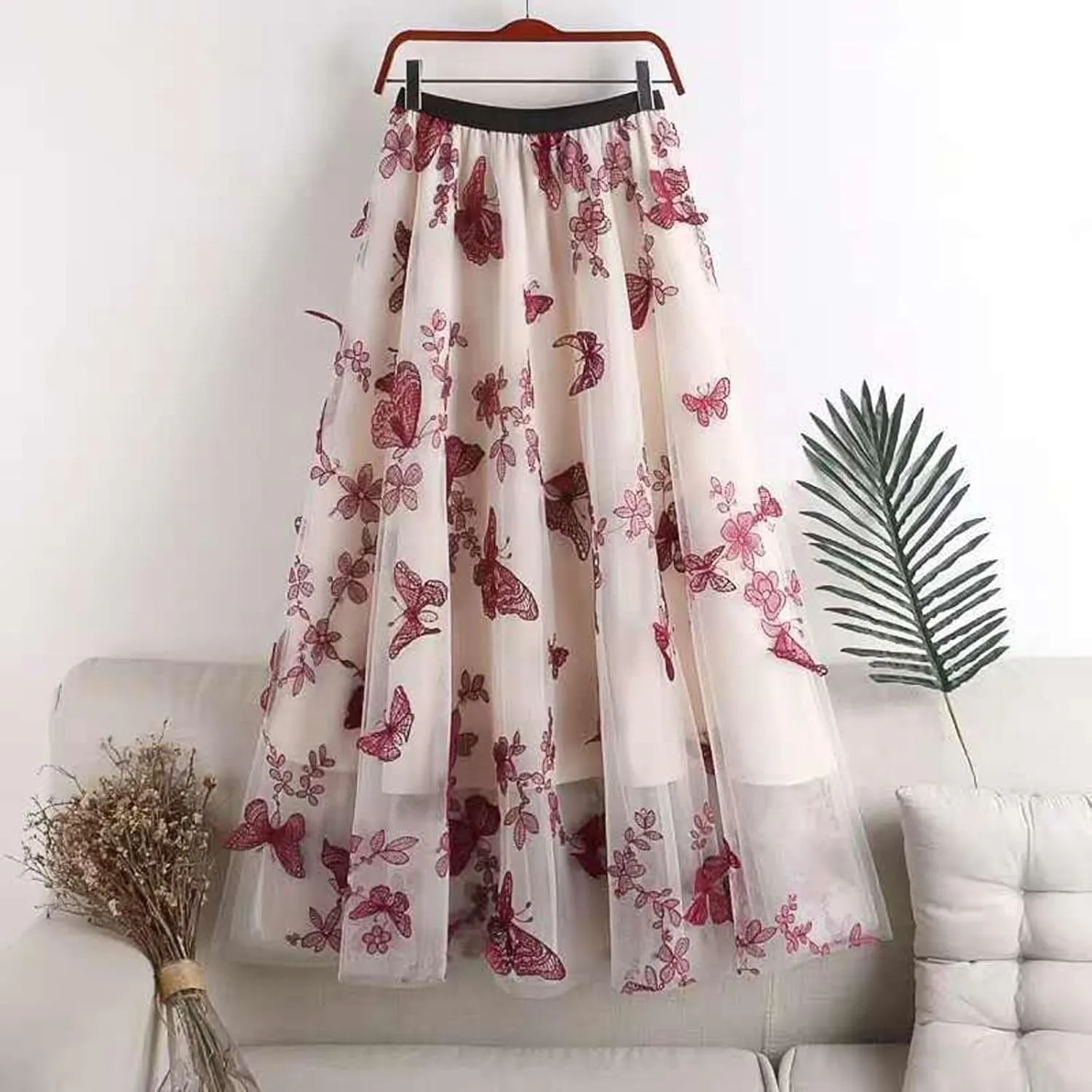 Women's Butterfly Double-Layer mesh midi Skirt Sheer Skirt Elastic high Waisted A-line midi Skirt