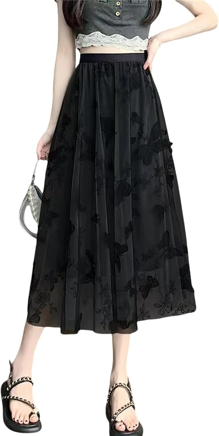 Women's Butterfly Double-Layer mesh midi Skirt Sheer Skirt Elastic high Waisted A-line midi Skirt