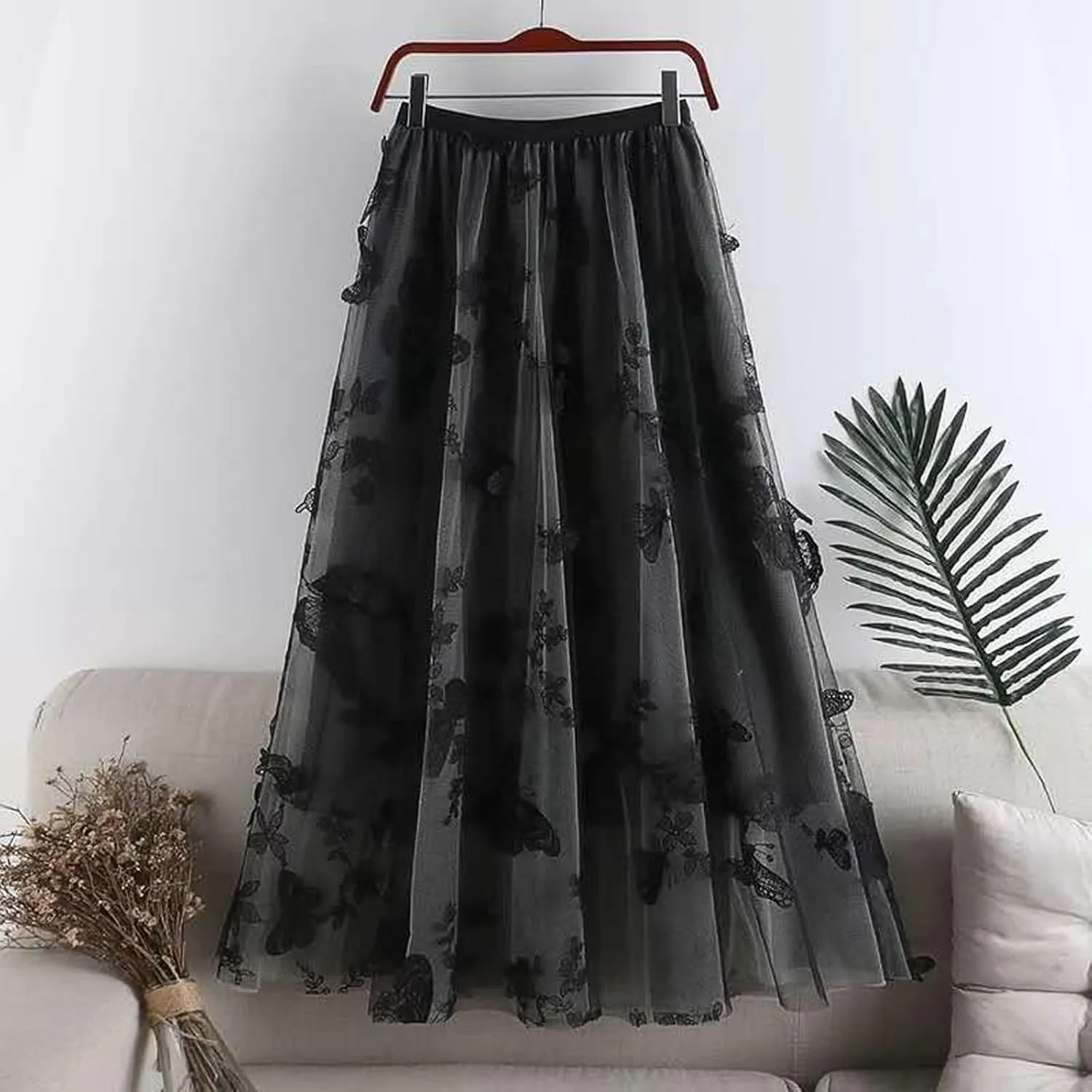 Women's Butterfly Double-Layer mesh midi Skirt Sheer Skirt Elastic high Waisted A-line midi Skirt