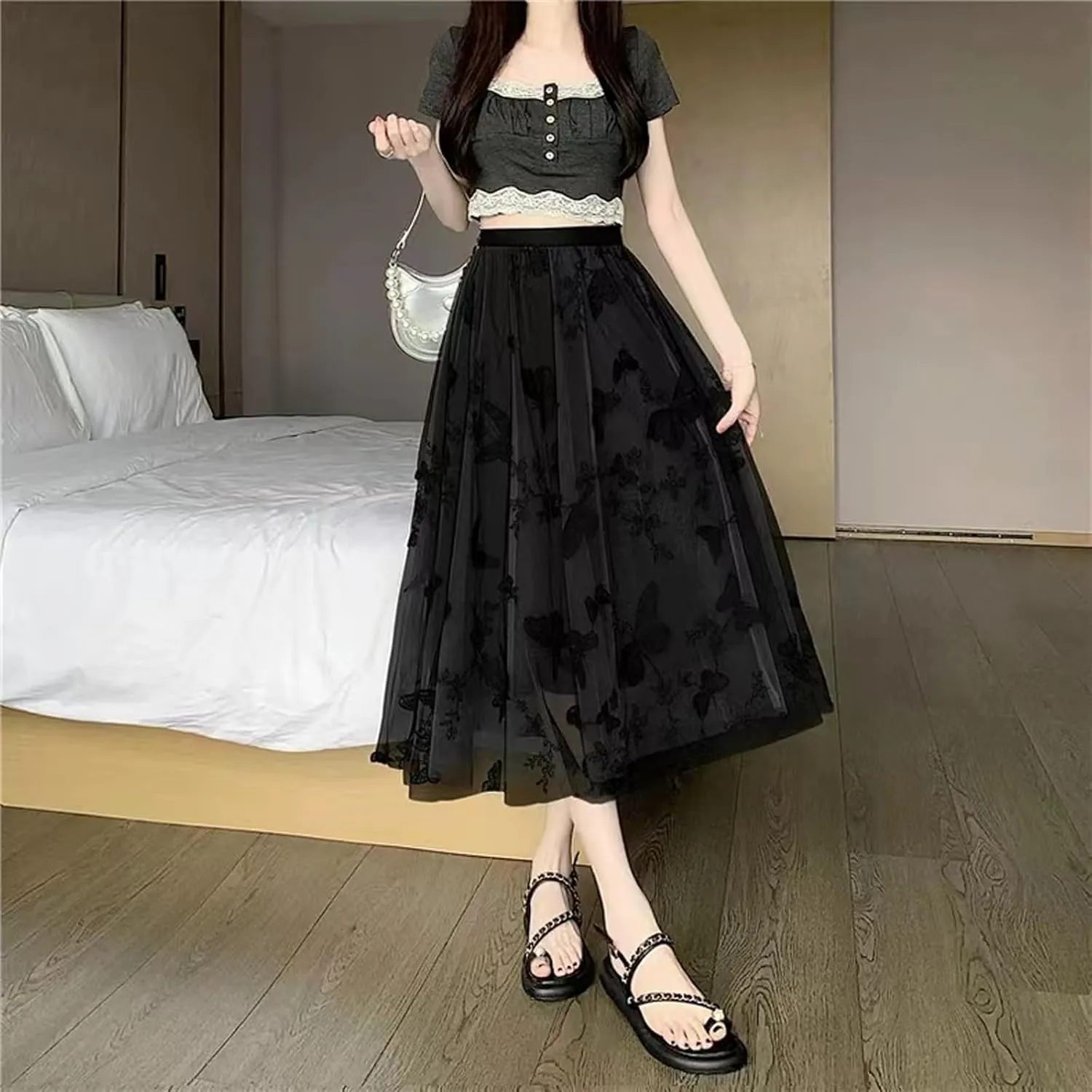 Women's Butterfly Double-Layer mesh midi Skirt Sheer Skirt Elastic high Waisted A-line midi Skirt