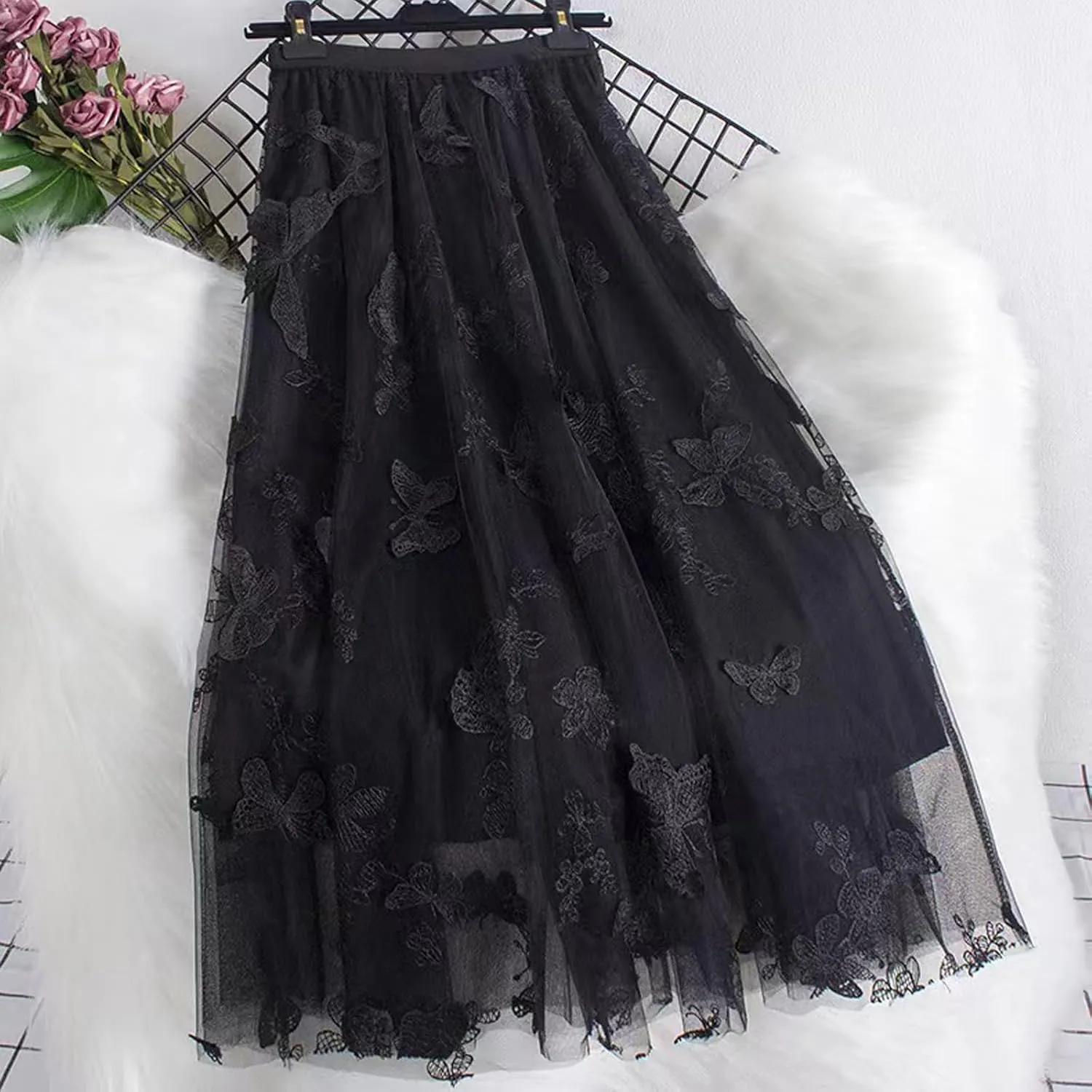 Women's Butterfly Double-Layer mesh midi Skirt Sheer Skirt Elastic high Waisted A-line midi Skirt