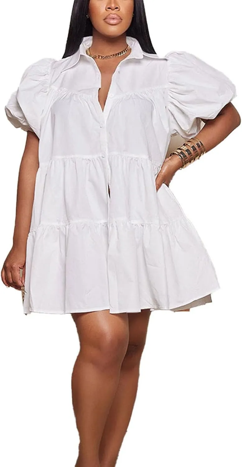 Women's Button Down Puff Short Sleeve Ruffle Hem Loose Babydoll Mini Shirt Dress,S-3XL