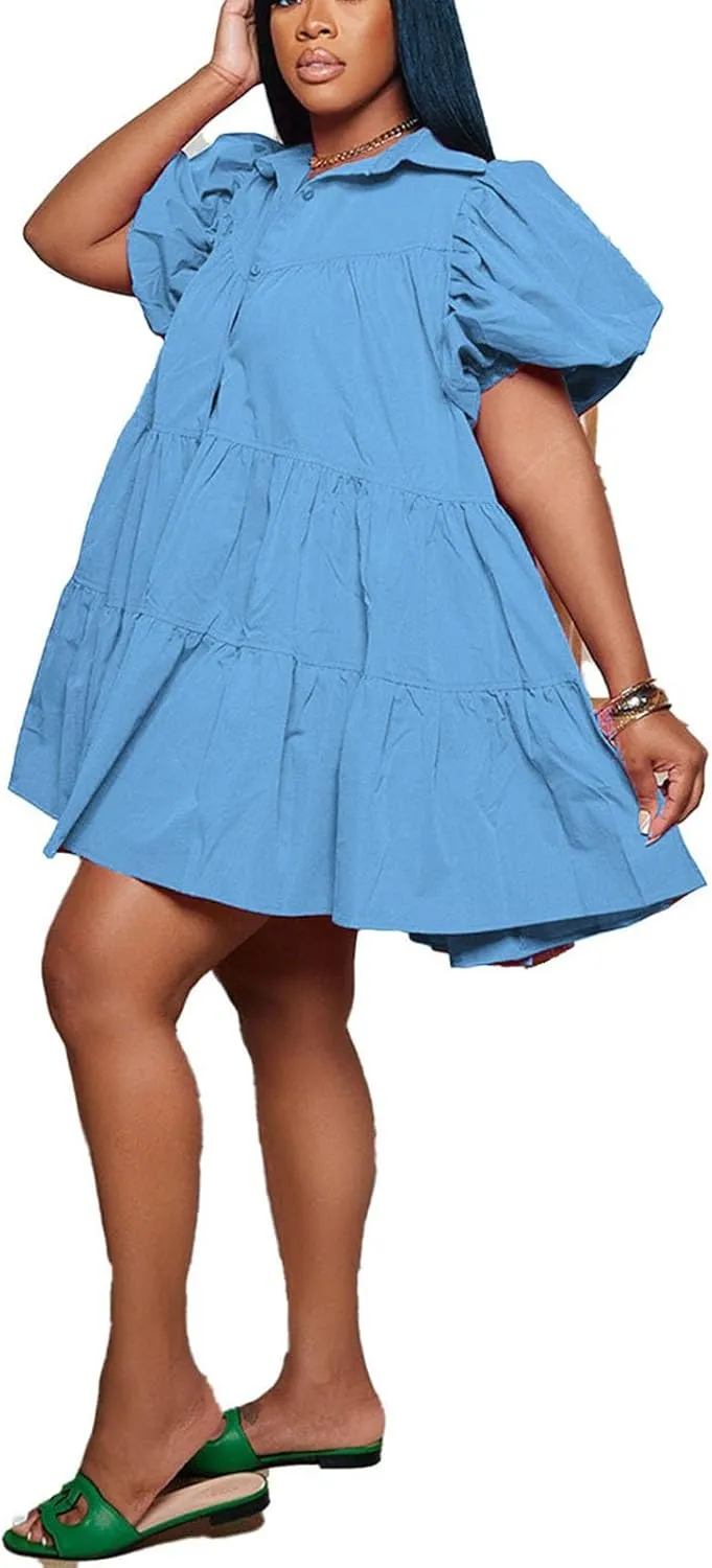 Women's Button Down Puff Short Sleeve Ruffle Hem Loose Babydoll Mini Shirt Dress,S-3XL