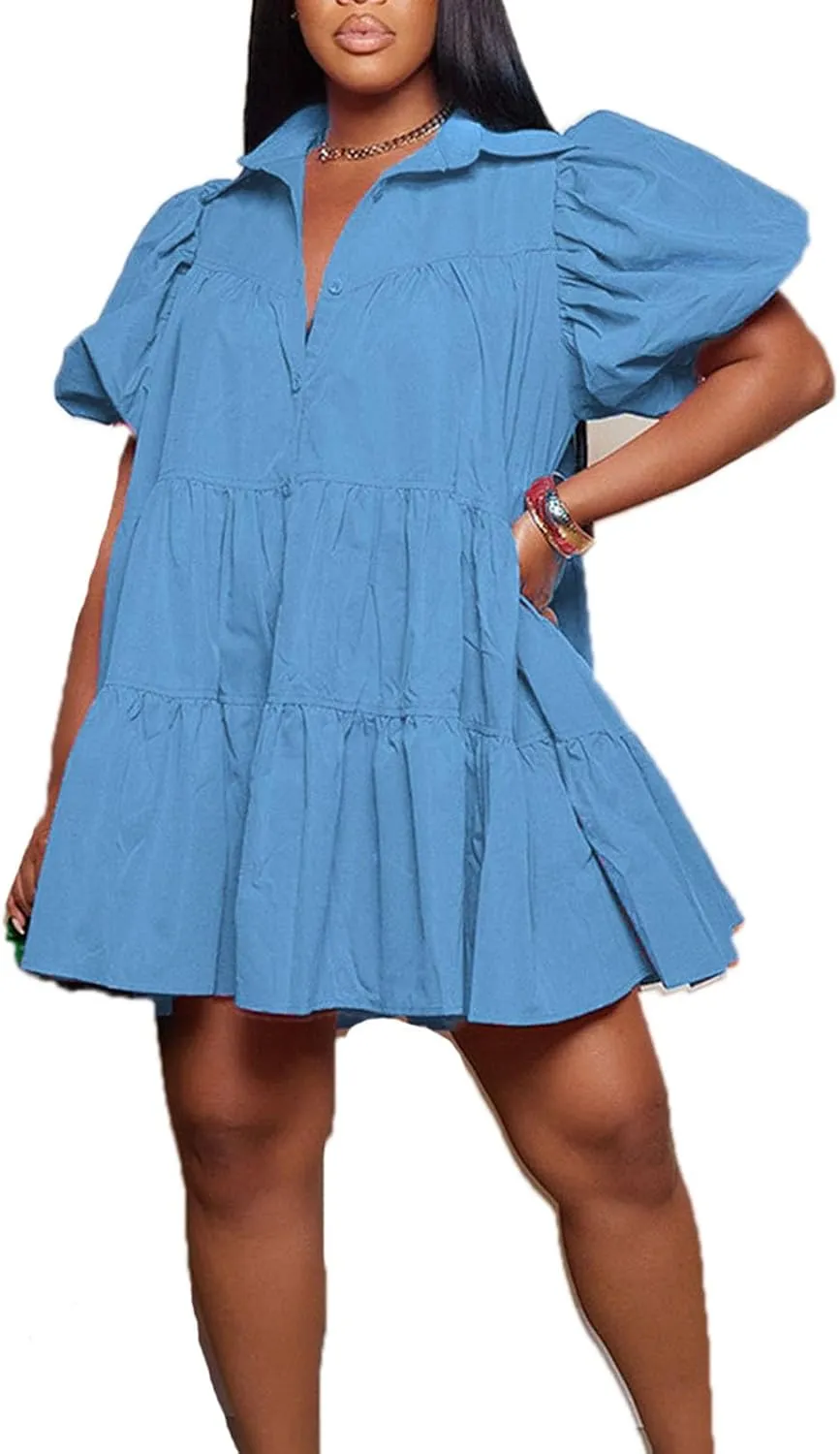Women's Button Down Puff Short Sleeve Ruffle Hem Loose Babydoll Mini Shirt Dress,S-3XL