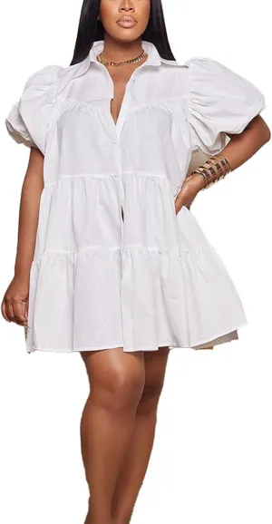 Women's Button Down Puff Short Sleeve Ruffle Hem Loose Babydoll Mini Shirt Dress,S-3XL