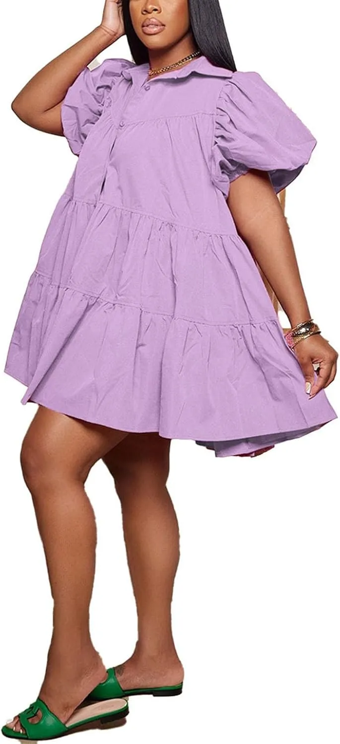 Women's Button Down Puff Short Sleeve Ruffle Hem Loose Babydoll Mini Shirt Dress,S-3XL