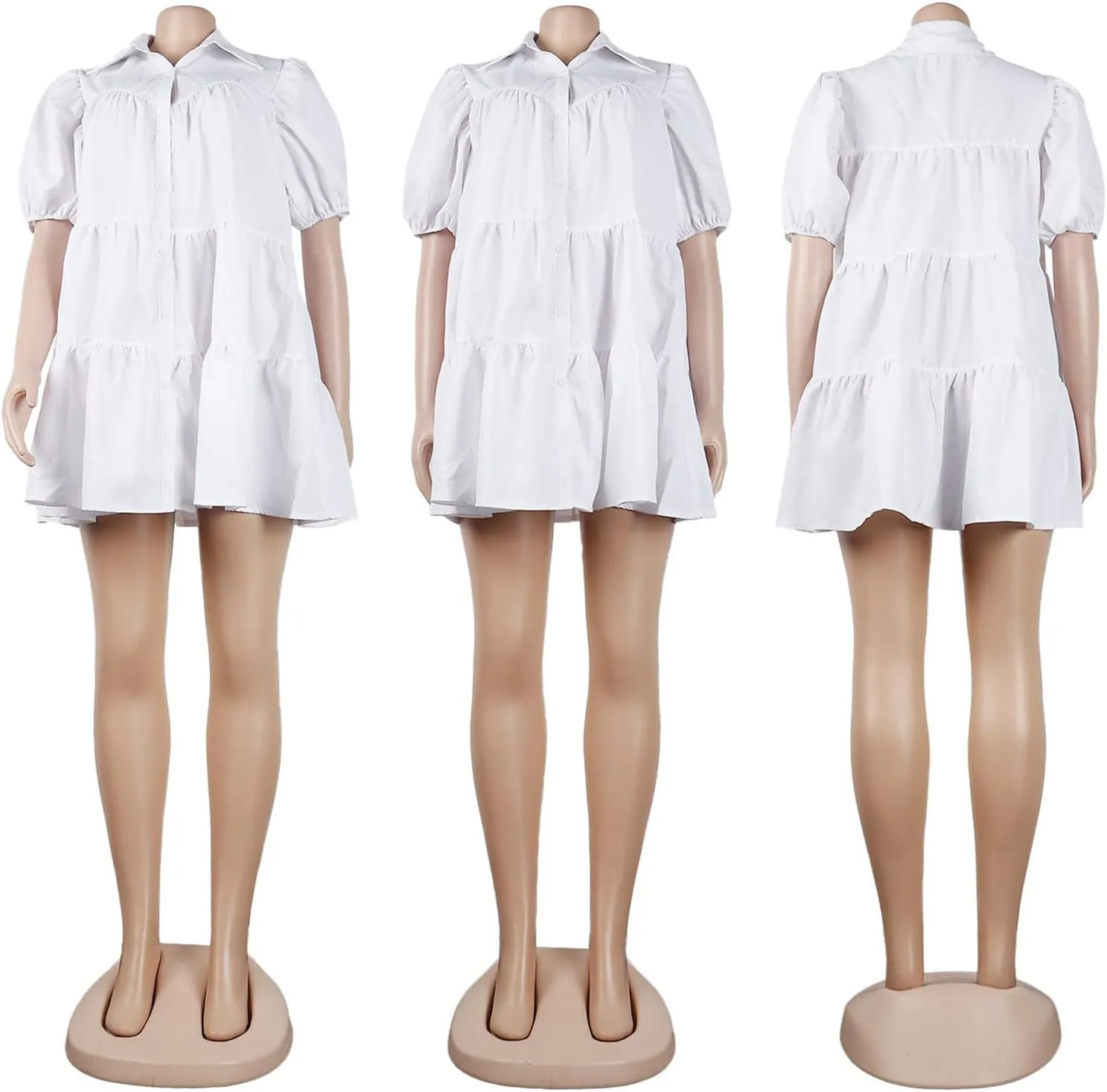 Women's Button Down Puff Short Sleeve Ruffle Hem Loose Babydoll Mini Shirt Dress,S-3XL