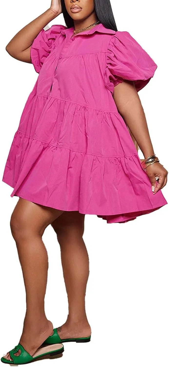 Women's Button Down Puff Short Sleeve Ruffle Hem Loose Babydoll Mini Shirt Dress,S-3XL