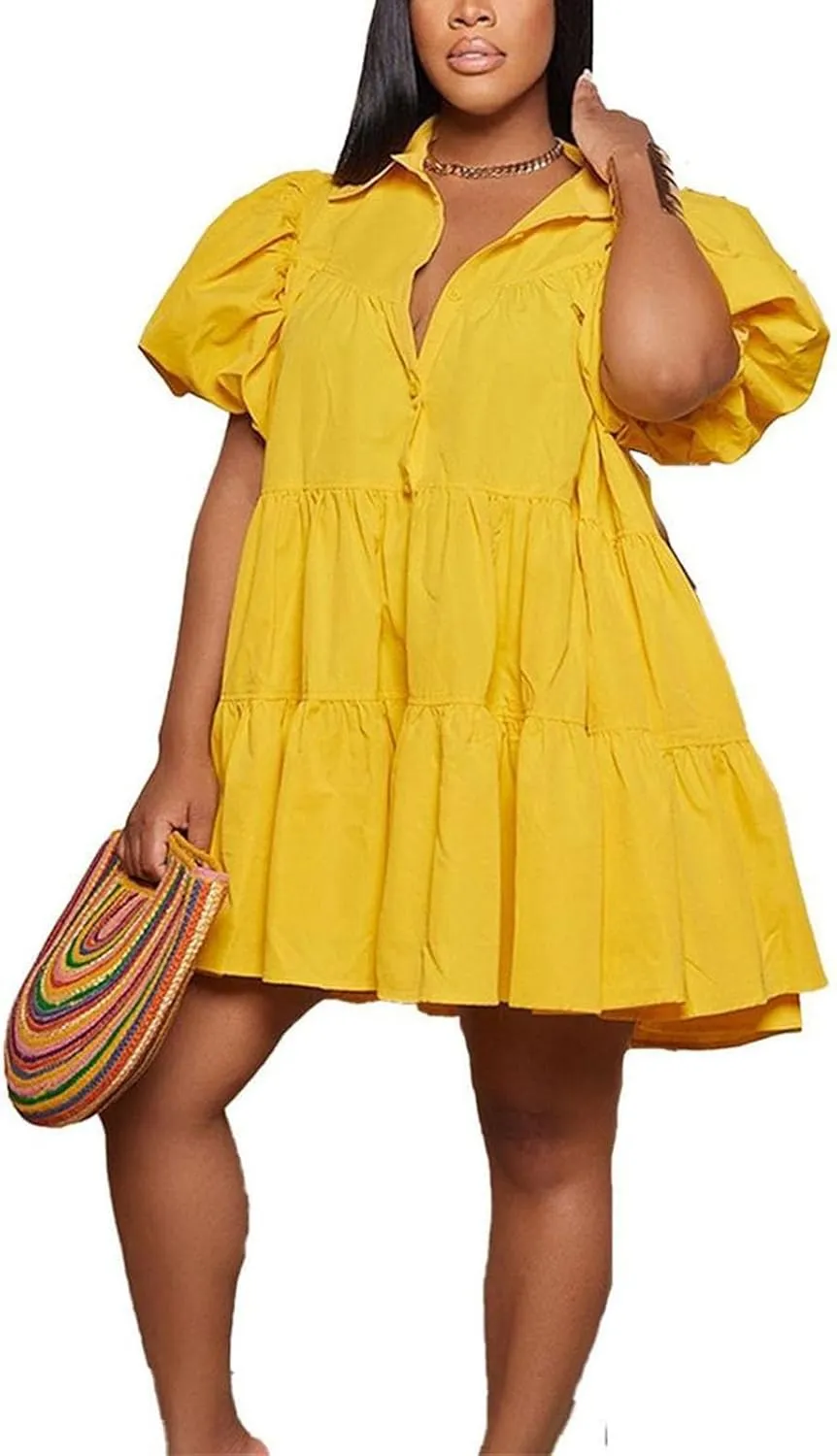 Women's Button Down Puff Short Sleeve Ruffle Hem Loose Babydoll Mini Shirt Dress,S-3XL