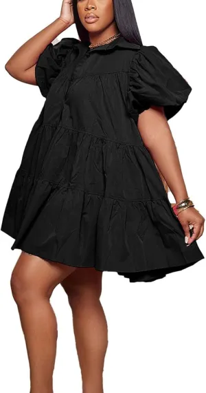 Women's Button Down Puff Short Sleeve Ruffle Hem Loose Babydoll Mini Shirt Dress,S-3XL