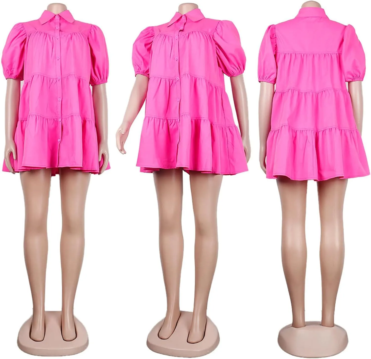 Women's Button Down Puff Short Sleeve Ruffle Hem Loose Babydoll Mini Shirt Dress,S-3XL