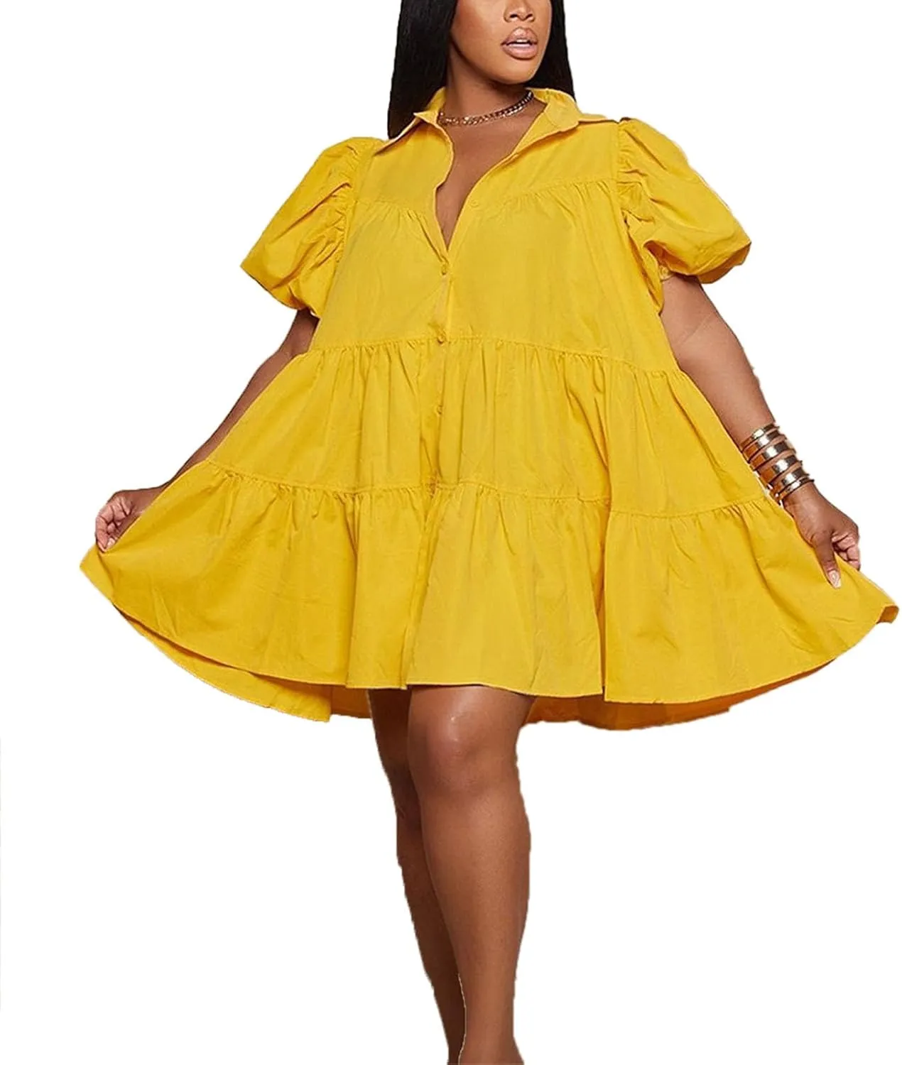Women's Button Down Puff Short Sleeve Ruffle Hem Loose Babydoll Mini Shirt Dress,S-3XL