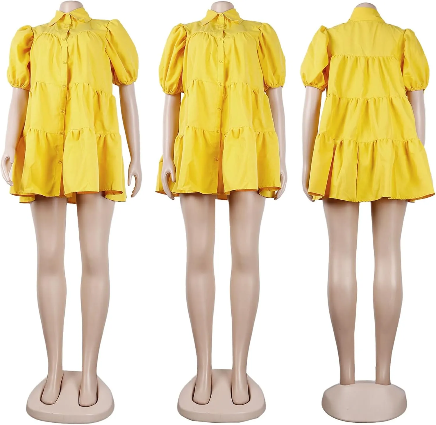 Women's Button Down Puff Short Sleeve Ruffle Hem Loose Babydoll Mini Shirt Dress,S-3XL