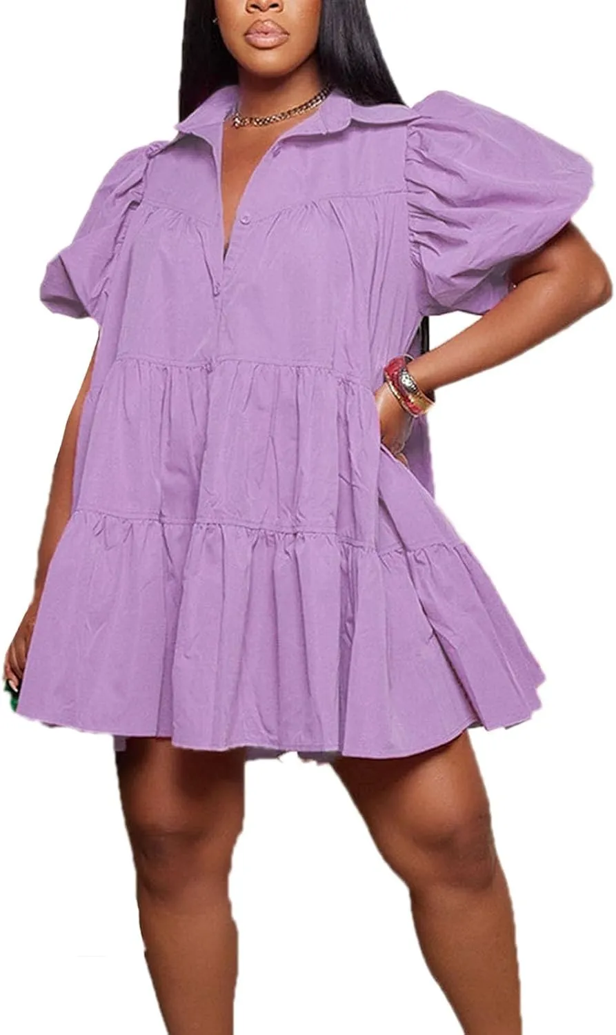 Women's Button Down Puff Short Sleeve Ruffle Hem Loose Babydoll Mini Shirt Dress,S-3XL