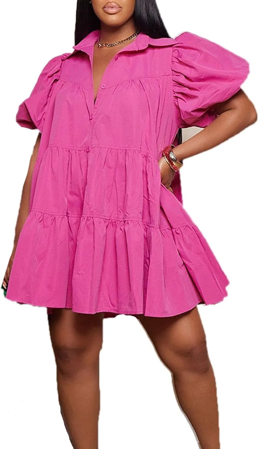 Women's Button Down Puff Short Sleeve Ruffle Hem Loose Babydoll Mini Shirt Dress,S-3XL