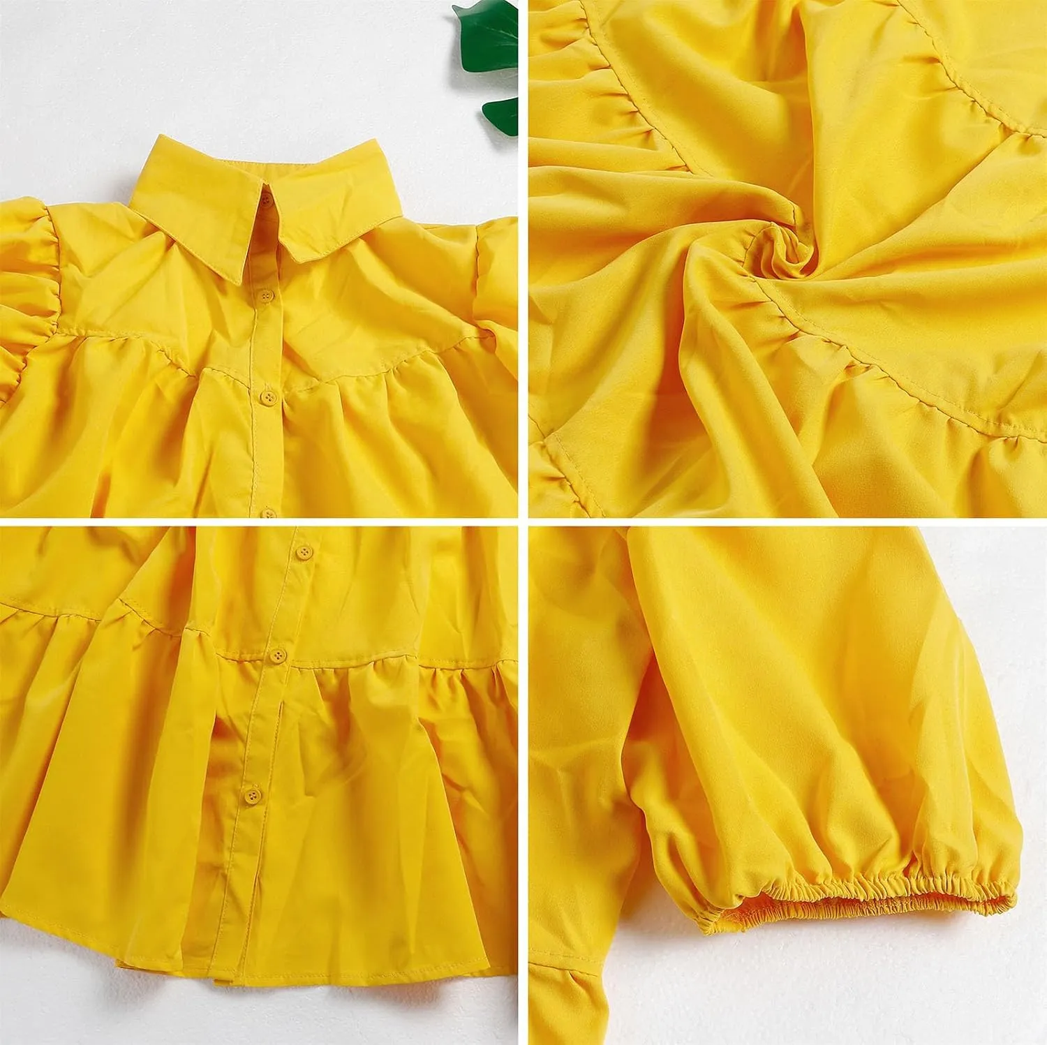 Women's Button Down Puff Short Sleeve Ruffle Hem Loose Babydoll Mini Shirt Dress,S-3XL