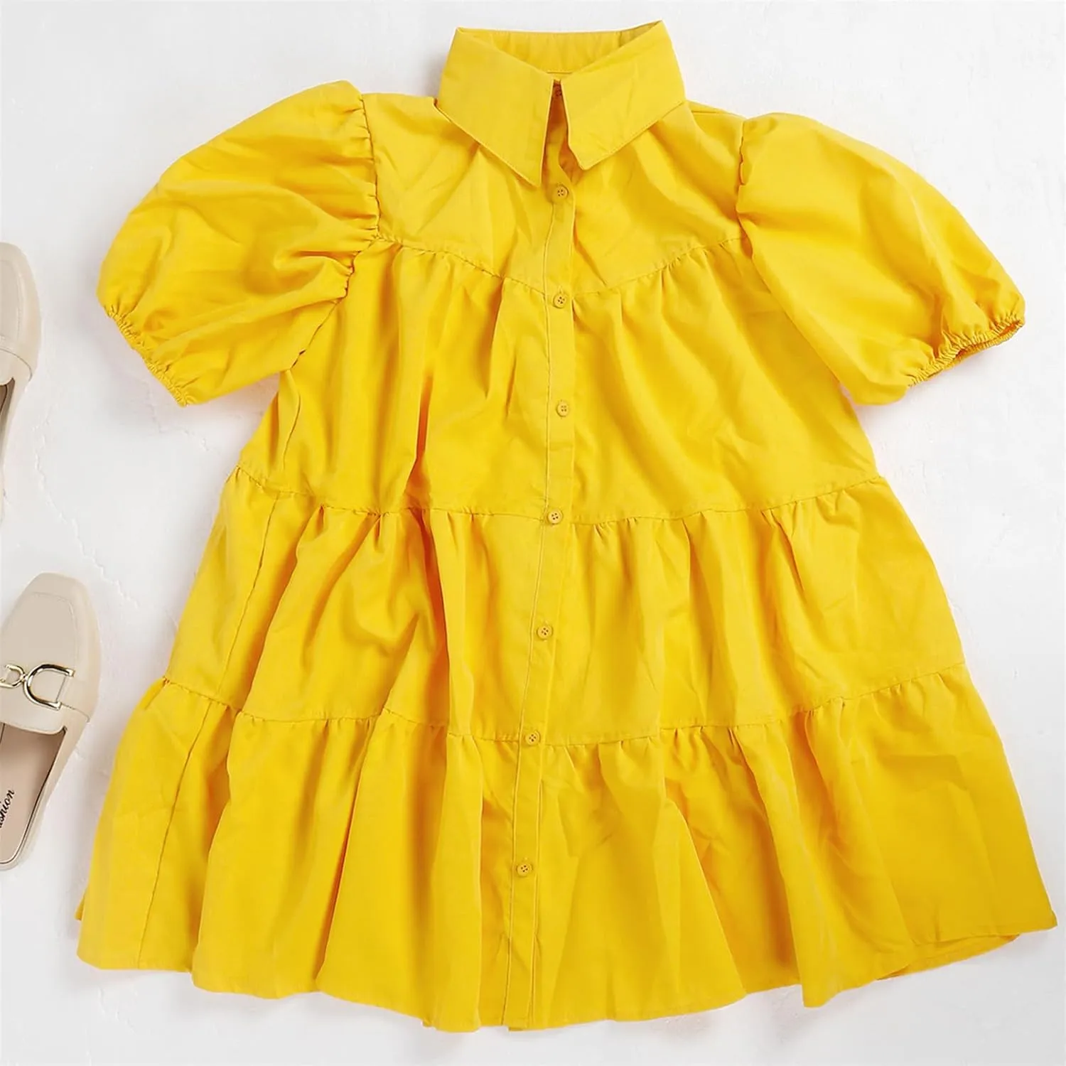 Women's Button Down Puff Short Sleeve Ruffle Hem Loose Babydoll Mini Shirt Dress,S-3XL