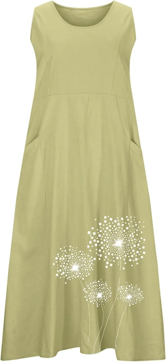 Women's Casual Cotton Linen Plus Size Dresses Summer Boho Floral Print Loose Midi Dresses Sleeveless Flowy Tank Dress