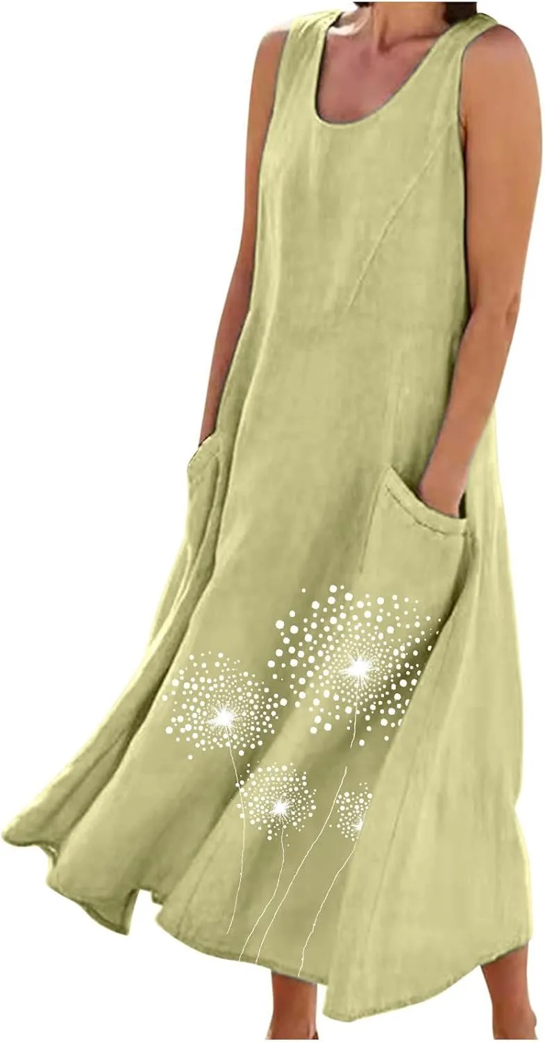 Women's Casual Cotton Linen Plus Size Dresses Summer Boho Floral Print Loose Midi Dresses Sleeveless Flowy Tank Dress