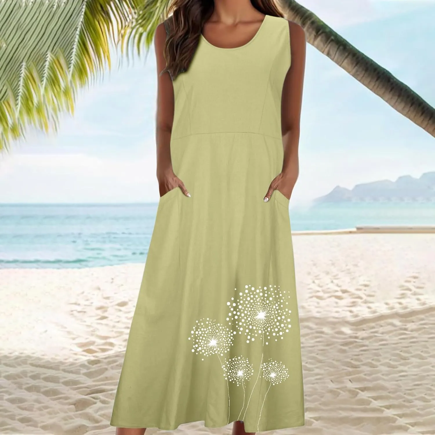 Women's Casual Cotton Linen Plus Size Dresses Summer Boho Floral Print Loose Midi Dresses Sleeveless Flowy Tank Dress