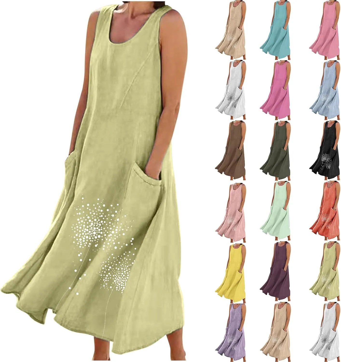Women's Casual Cotton Linen Plus Size Dresses Summer Boho Floral Print Loose Midi Dresses Sleeveless Flowy Tank Dress