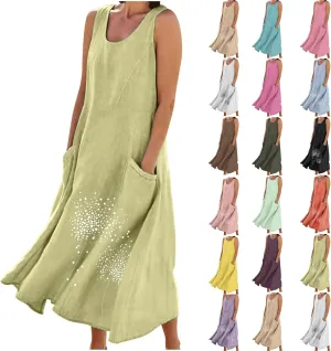 Women's Casual Cotton Linen Plus Size Dresses Summer Boho Floral Print Loose Midi Dresses Sleeveless Flowy Tank Dress