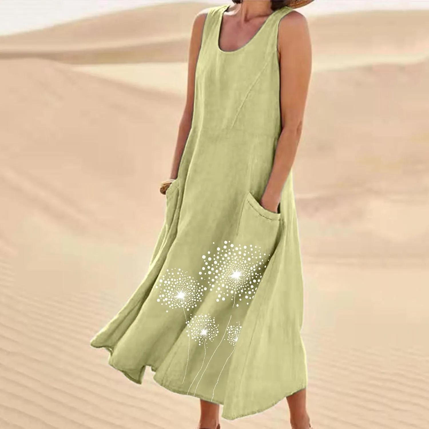 Women's Casual Cotton Linen Plus Size Dresses Summer Boho Floral Print Loose Midi Dresses Sleeveless Flowy Tank Dress