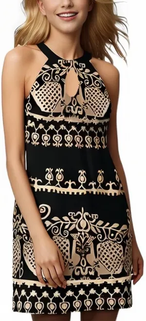 Womens Casual Halter Neck Dress Sleeveless Floral Print A-line Mini Sundress Summer for Beach Party Dresses 2025