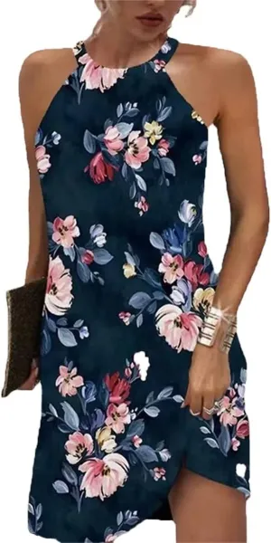 Womens Casual Halter Neck Dress Sleeveless Floral Print A-line Mini Sundress Summer for Beach Party Dresses 2025