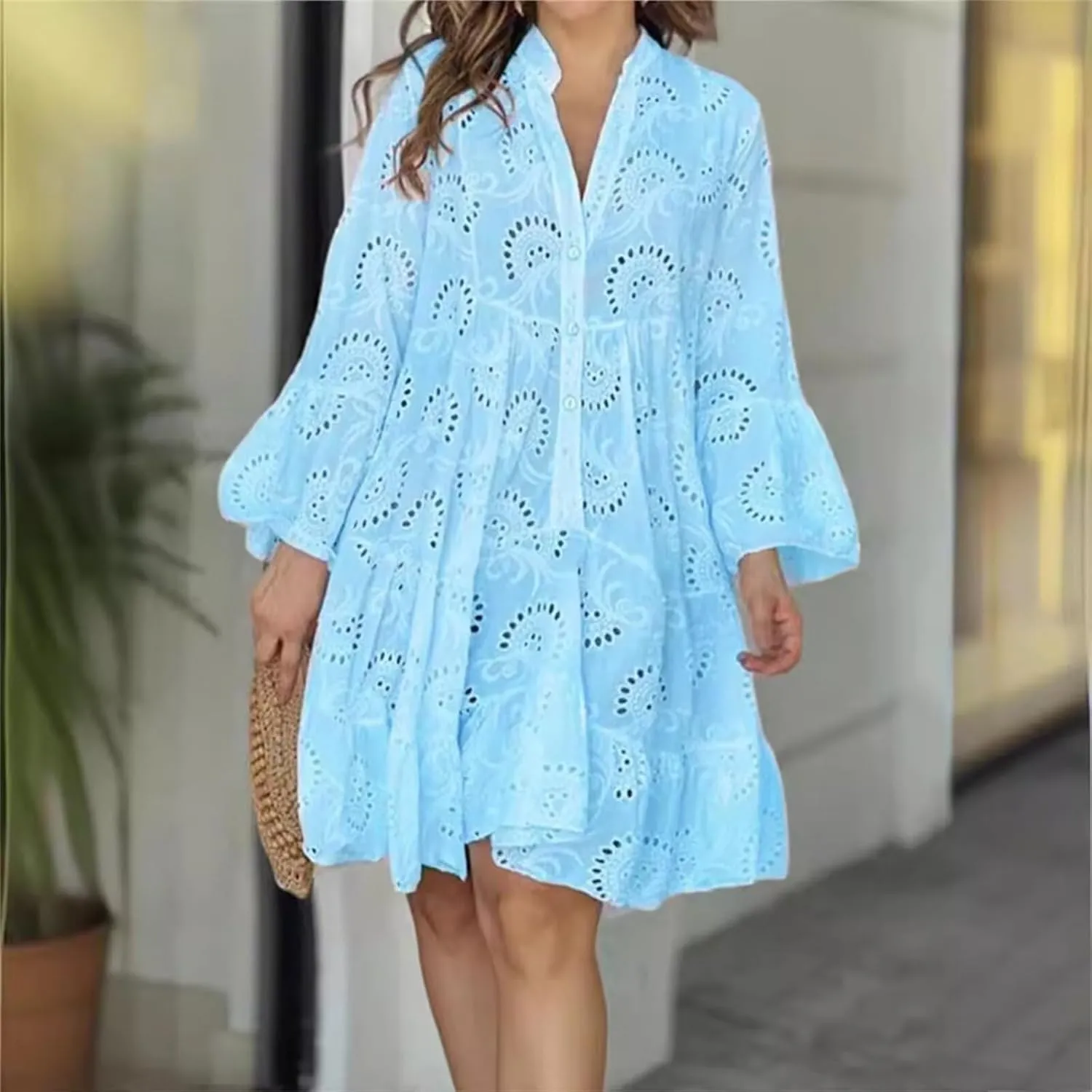 Womens Casual Spring Dresses Cute Long Sleeve Lace Mini Dresses Flowy Vacation Sundress Date Night Dresses Club Dress