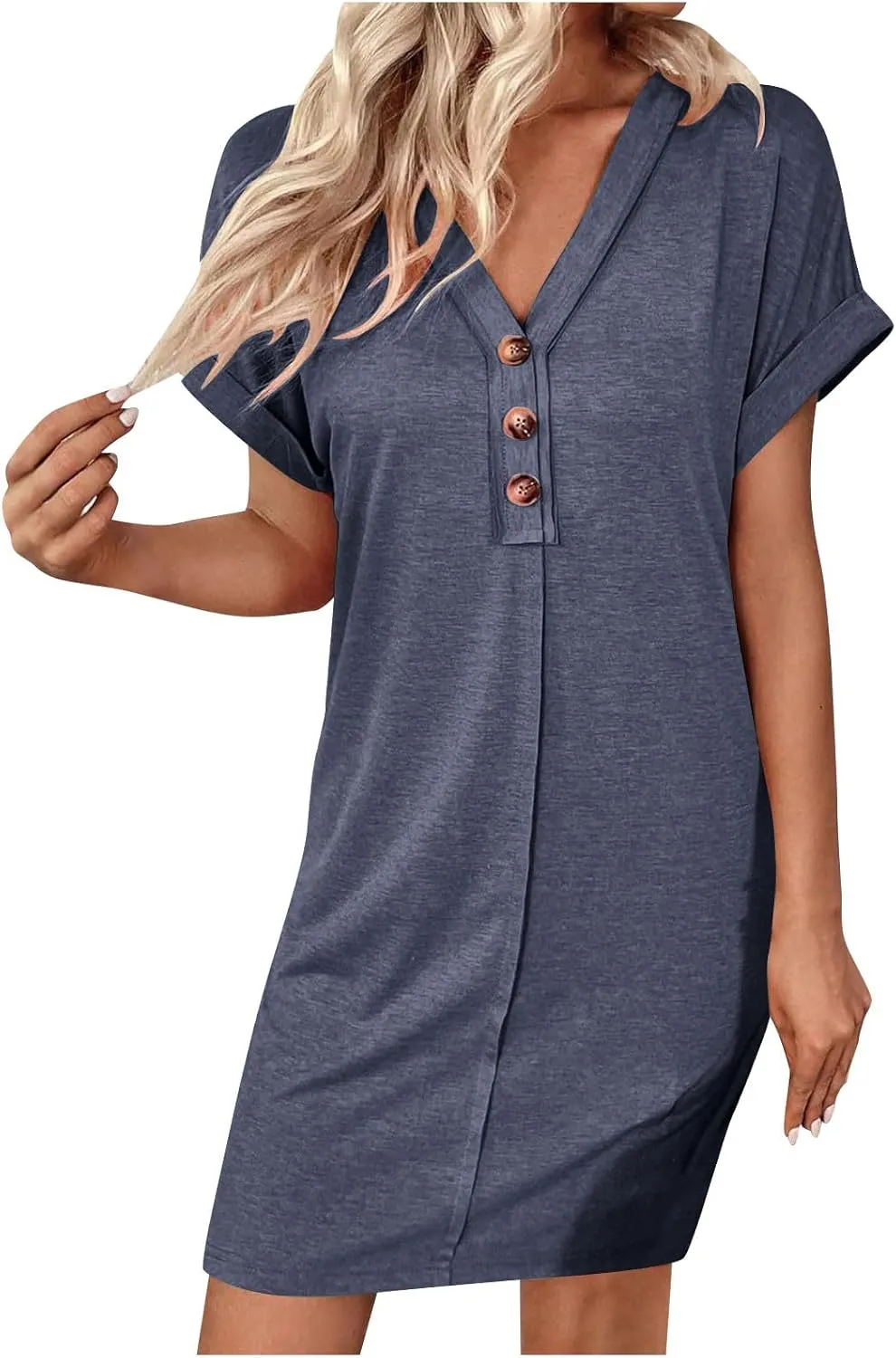 Women's Casual T Shirt Dress Button Up V Neck Tunic Dresses Summer Short Sleeve Mini Dress Loose Sundresses