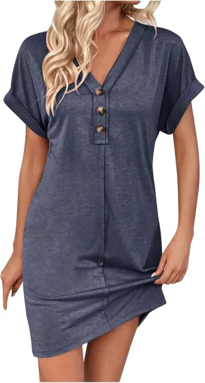 Women's Casual T Shirt Dress Button Up V Neck Tunic Dresses Summer Short Sleeve Mini Dress Loose Sundresses