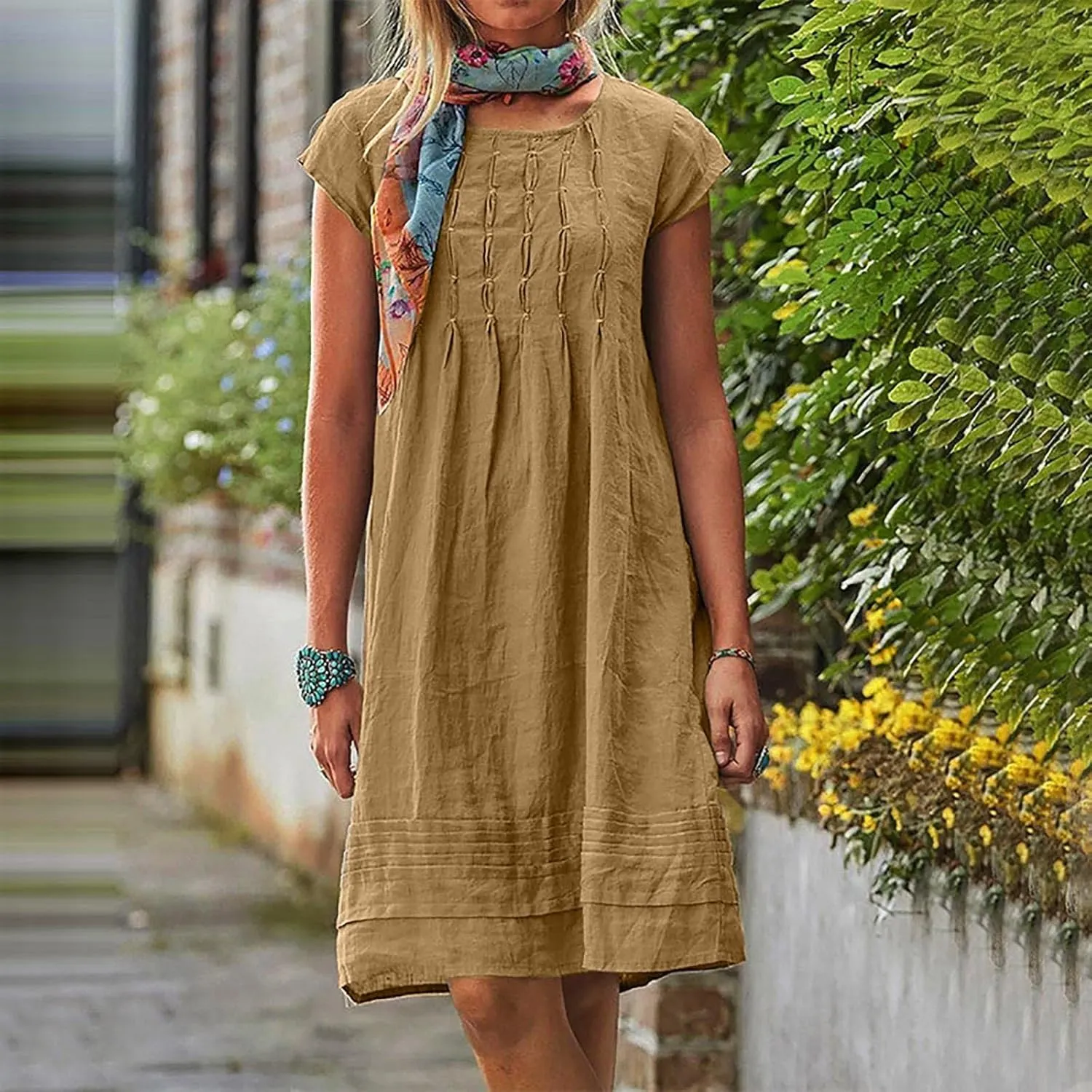 Women's Cotten Linen Summer Dresses Midi Casual Cap Sleeve Crewneck A Line Flowy Swing Beach Trendy Sundress