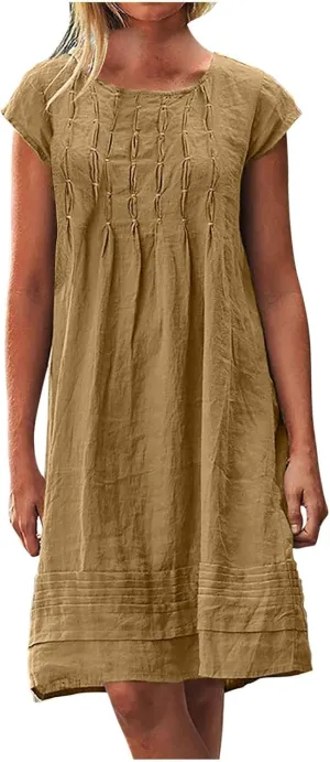 Women's Cotten Linen Summer Dresses Midi Casual Cap Sleeve Crewneck A Line Flowy Swing Beach Trendy Sundress