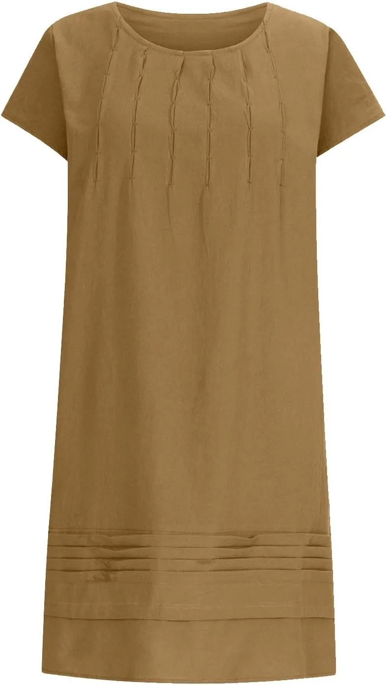 Women's Cotten Linen Summer Dresses Midi Casual Cap Sleeve Crewneck A Line Flowy Swing Beach Trendy Sundress
