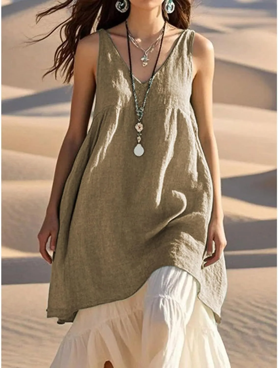 Womens Cotton Linen Dress Sleeveless V Neck Casual Solid Tank Top Lightweight Breatheable Summer Beach Midi Dresses