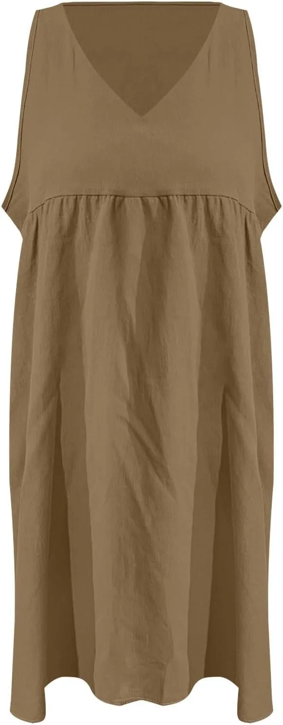 Womens Cotton Linen Dress Sleeveless V Neck Casual Solid Tank Top Lightweight Breatheable Summer Beach Midi Dresses