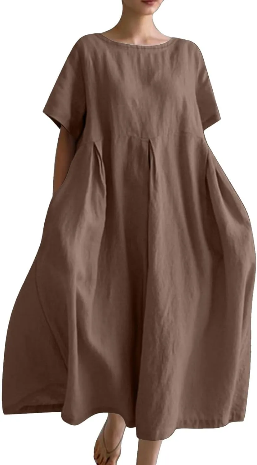 Womens Cotton Linen Maxi Dresses Summer Flowy Japanese Art Linen Dress 2024 Oversized Baggy Casual Fall Dresses