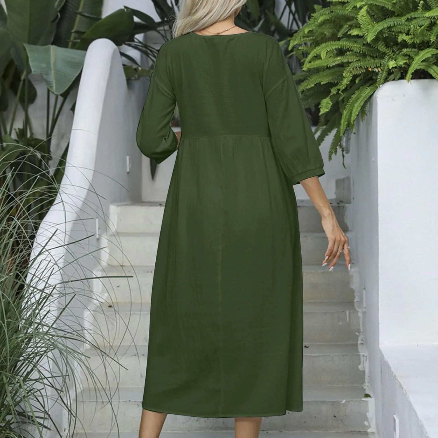 Women's Cotton Linen Midi Casual Dresses Loose Solid A-line Flowy Summer Beach Vacation Dress with Pockets
