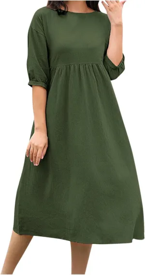 Women's Cotton Linen Midi Casual Dresses Loose Solid A-line Flowy Summer Beach Vacation Dress with Pockets