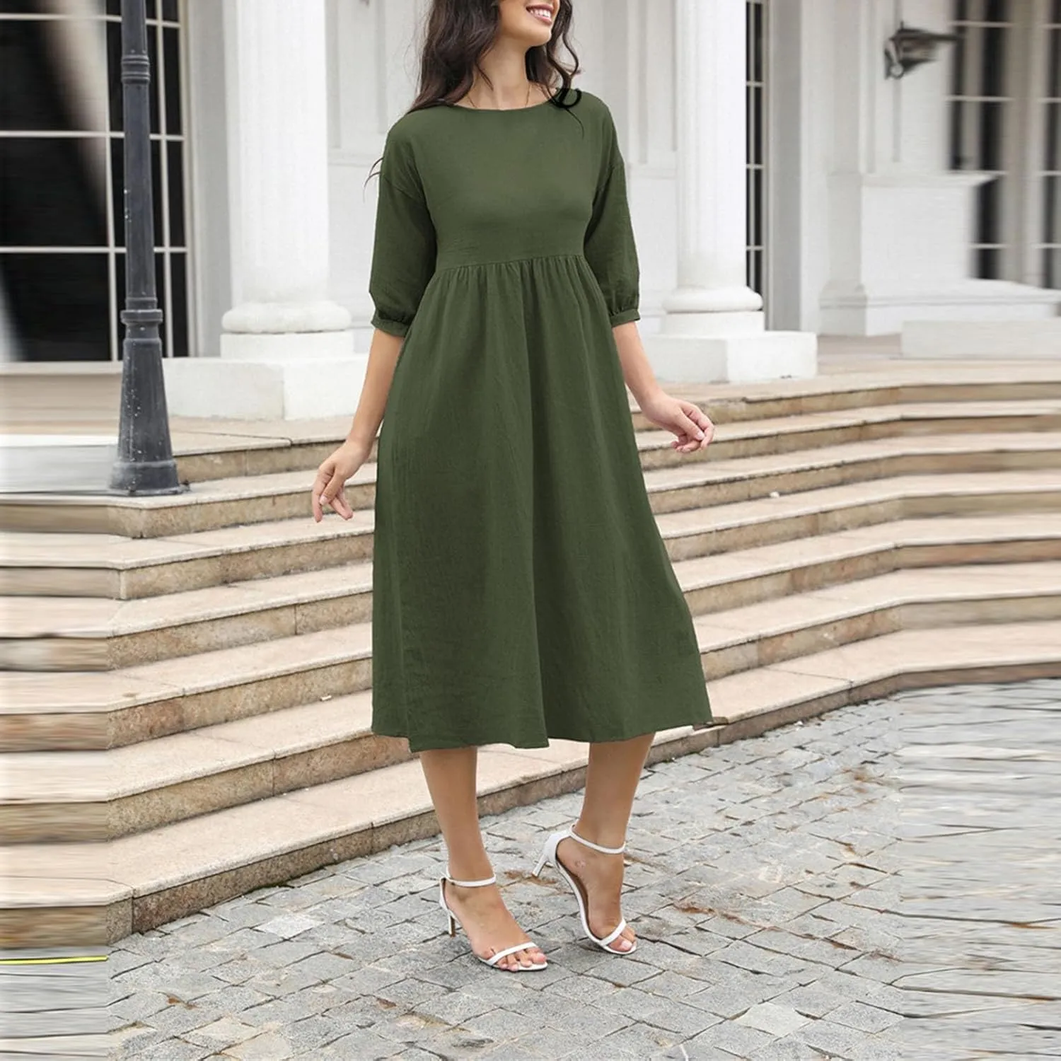 Women's Cotton Linen Midi Casual Dresses Loose Solid A-line Flowy Summer Beach Vacation Dress with Pockets