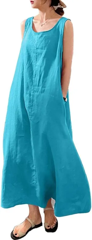 Womens Cotton Linen Sleeveless Beach Dresses Sundress Casual Maxi Tunic Tank Dress with Pocket