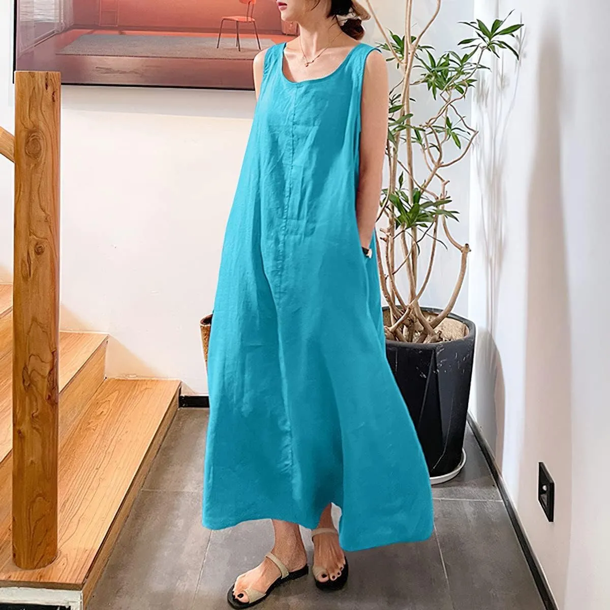 Womens Cotton Linen Sleeveless Beach Dresses Sundress Casual Maxi Tunic Tank Dress with Pocket